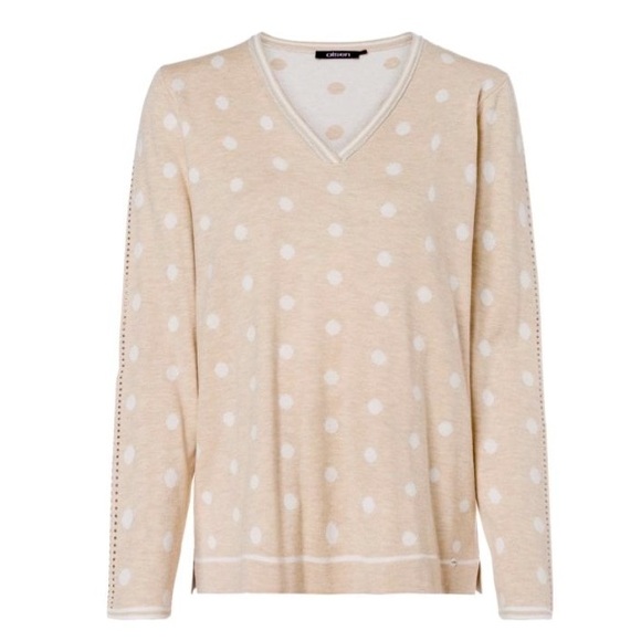 NWT Olsen Germany cotton blend V-neck relax fit womens in cream white polkadot - Picture 1 of 10